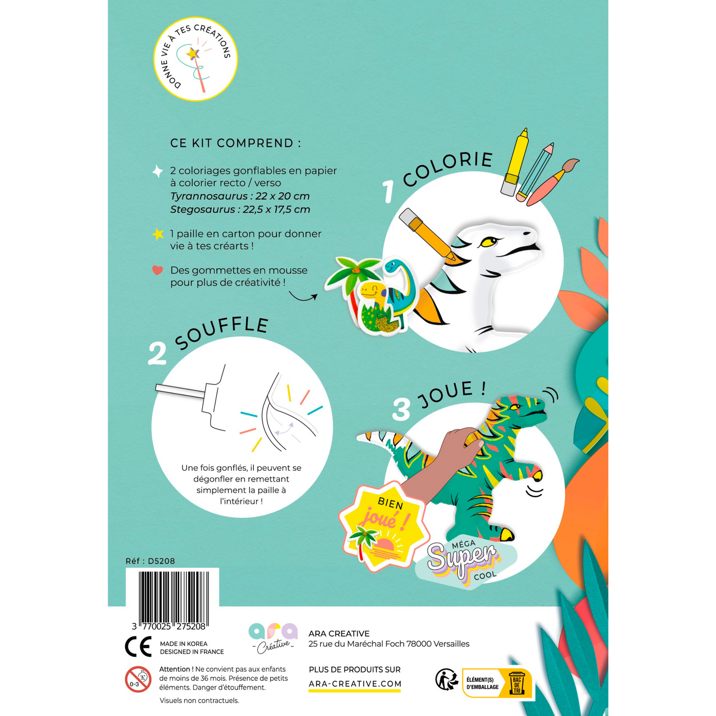 Coloriage 3D gonflable - Dinosaures + gommettes !-Ara Creative-Super Châtaigne-Collages & Coloriages : Product type