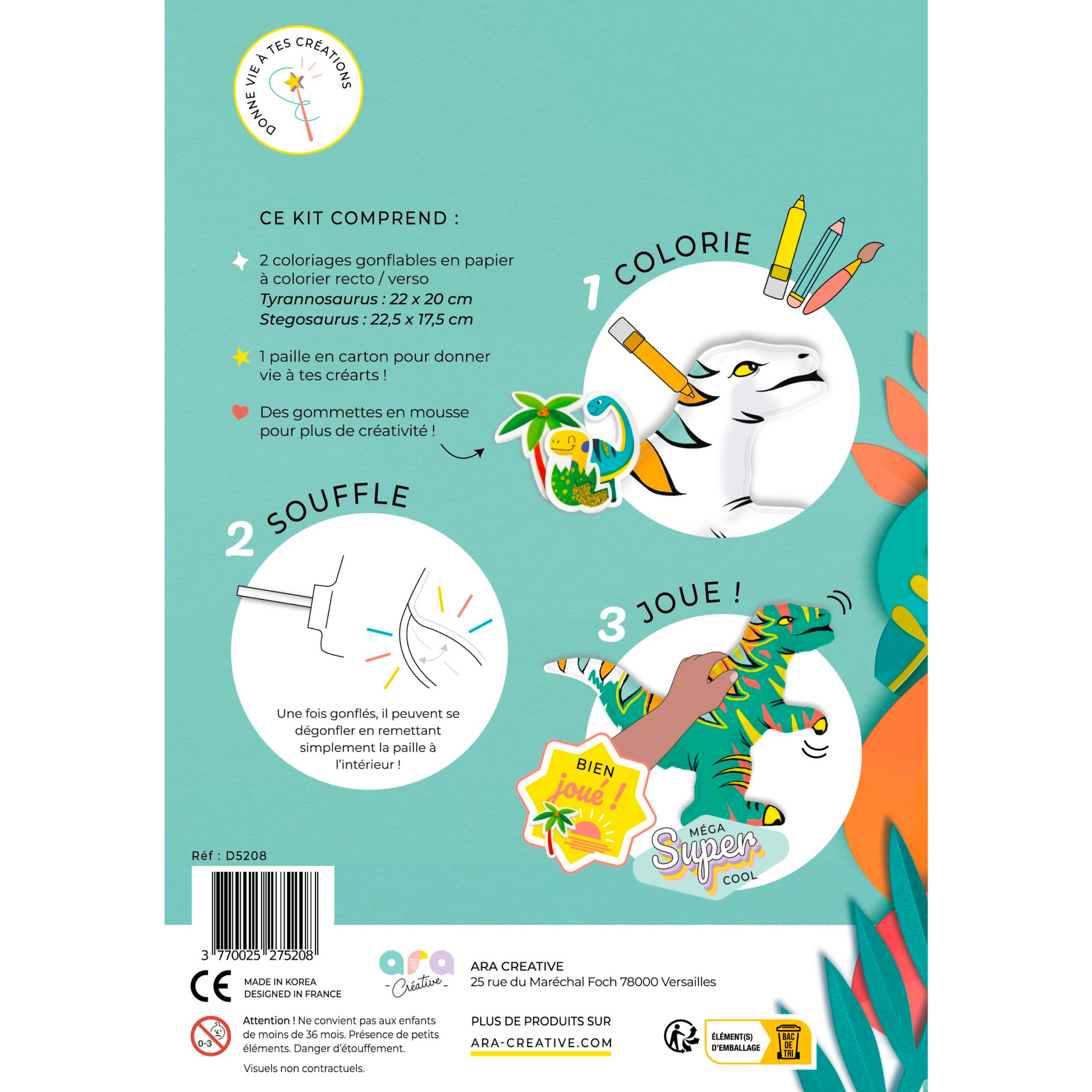 Coloriage 3D gonflable - Dinosaures + gommettes !-Ara Creative-Super Châtaigne-Collages & Coloriages : Product type