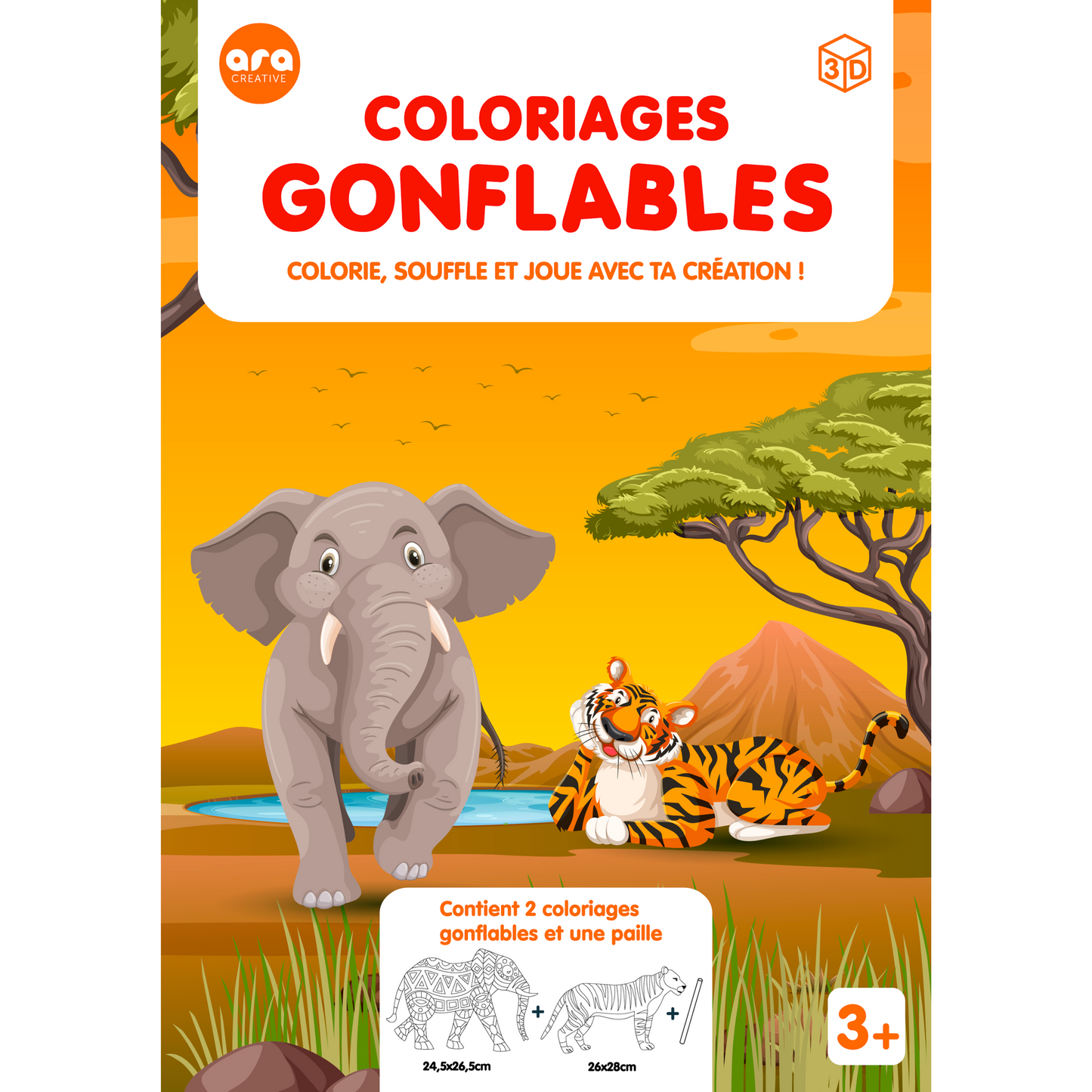 Coloriage 3D gonflable - Eléphant & Tigre-Ara Creative-Super Châtaigne-Collages & Coloriages : Product type