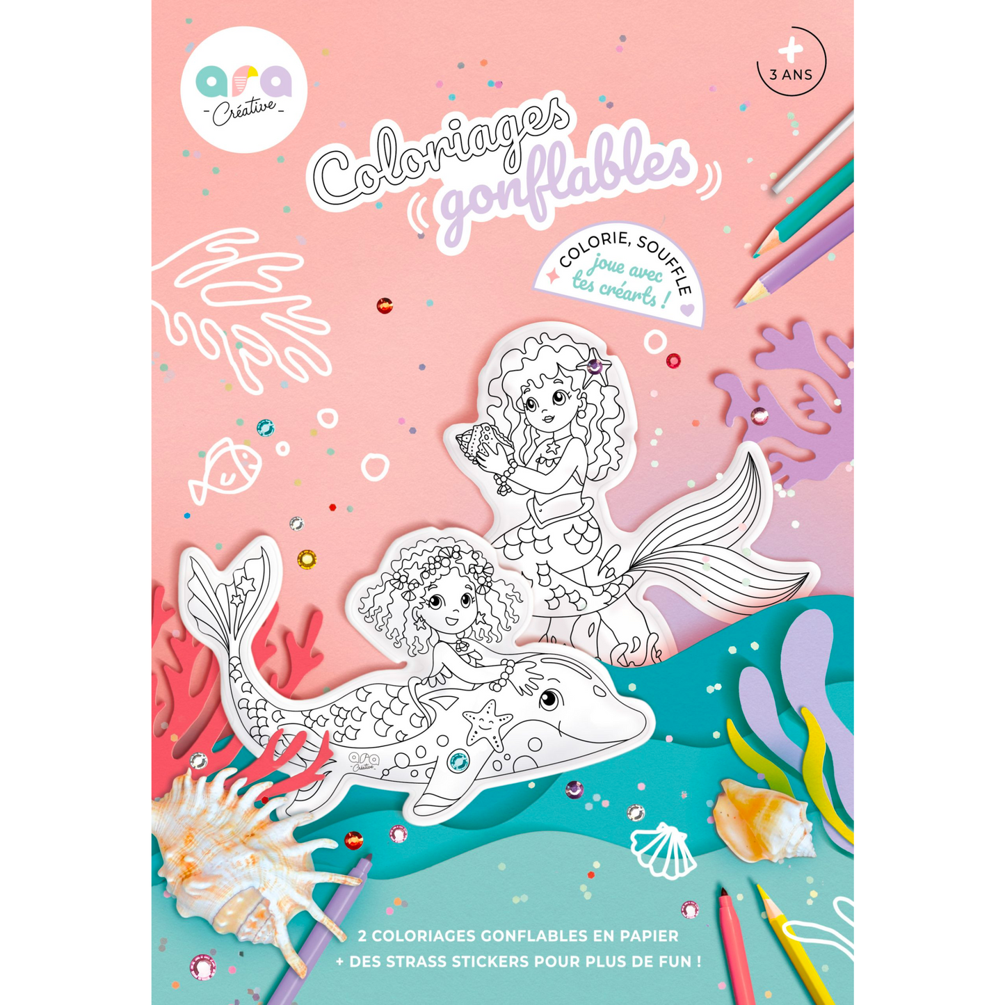 Coloriage 3D gonflable - Sirène & dauphin + strass !-Ara Creative-Super Châtaigne-Collages & Coloriages : Product type