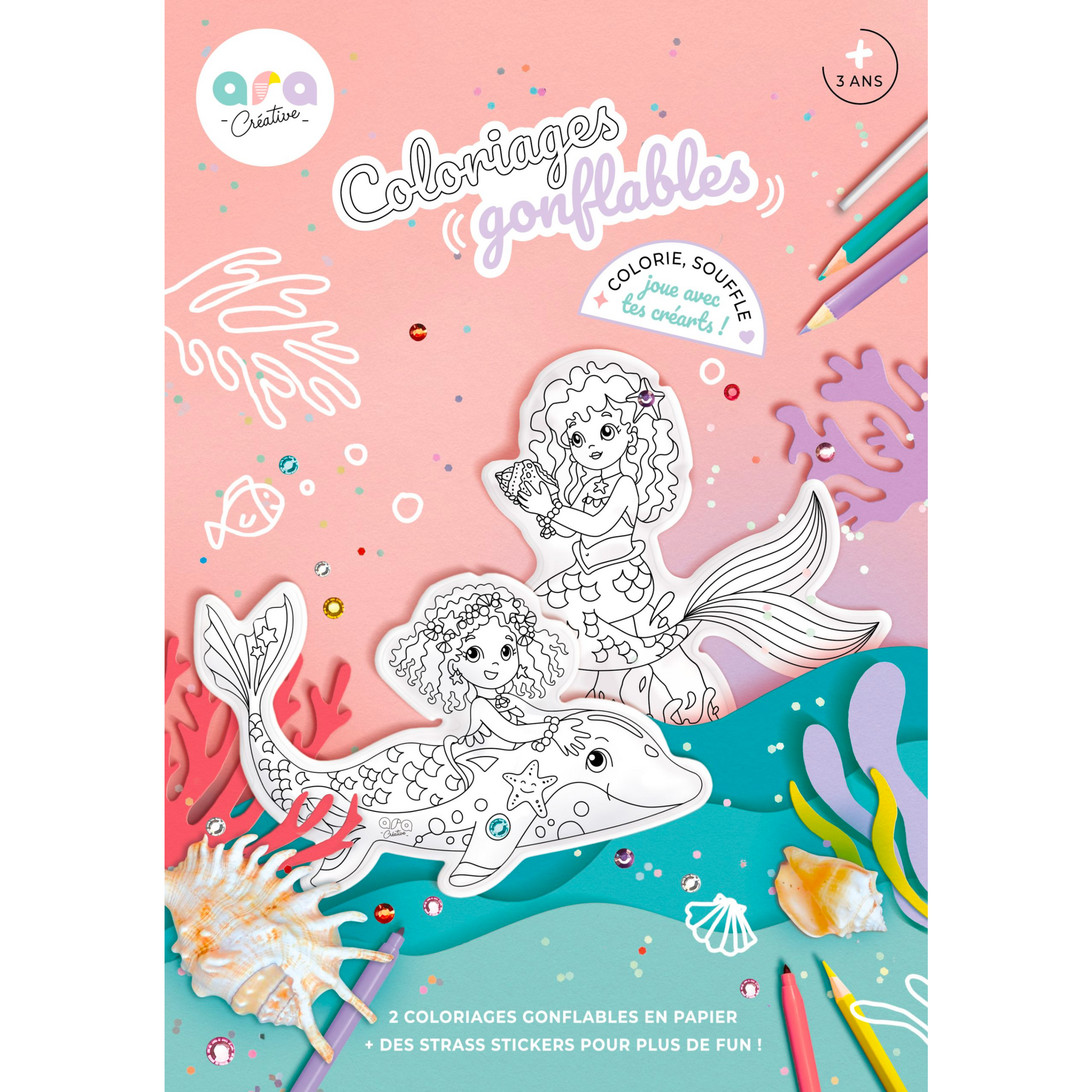 Coloriage 3D gonflable - Sirène & dauphin + strass !-Ara Creative-Super Châtaigne-Collages & Coloriages : Product type