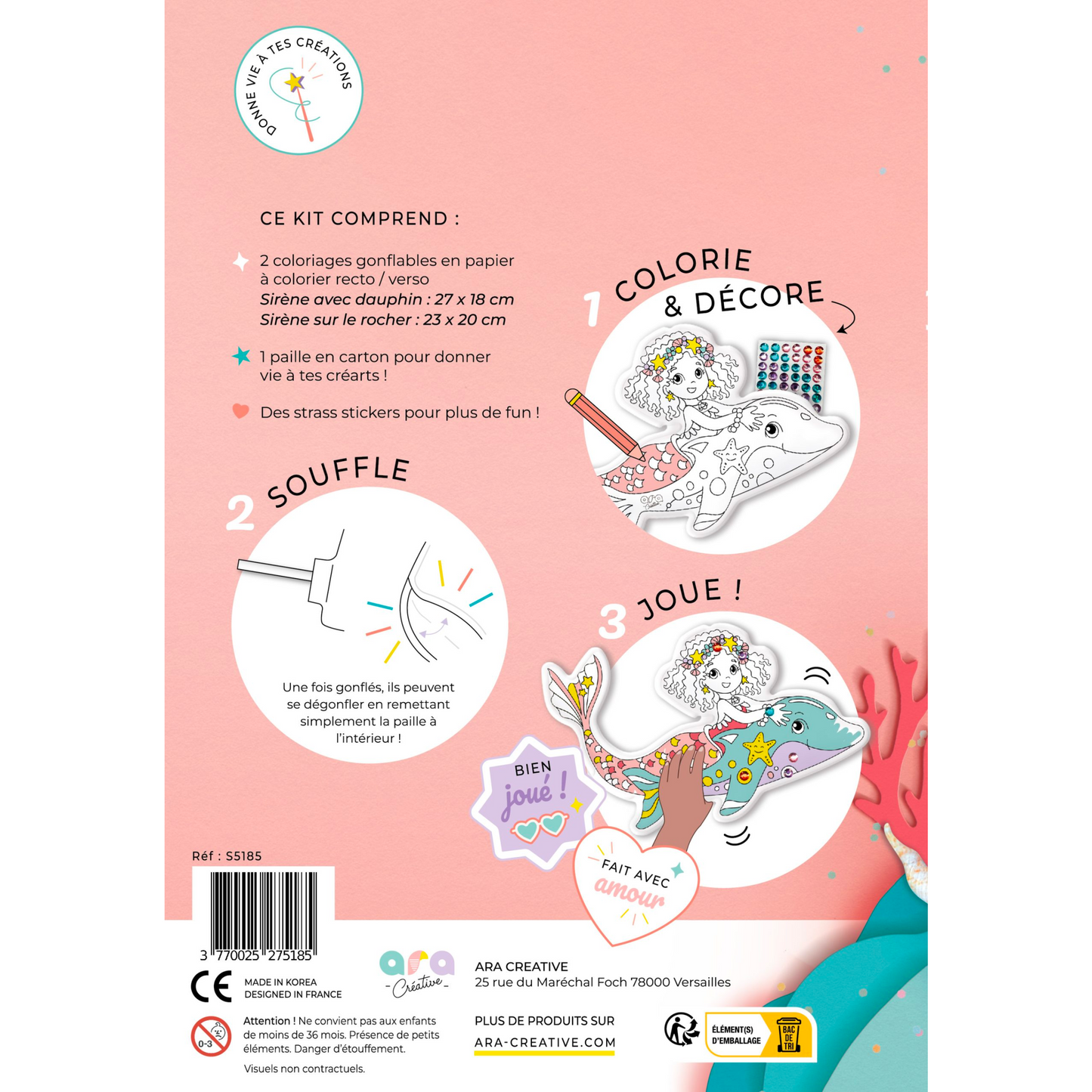 Coloriage 3D gonflable - Sirène & dauphin + strass !-Ara Creative-Super Châtaigne-Collages & Coloriages : Product type